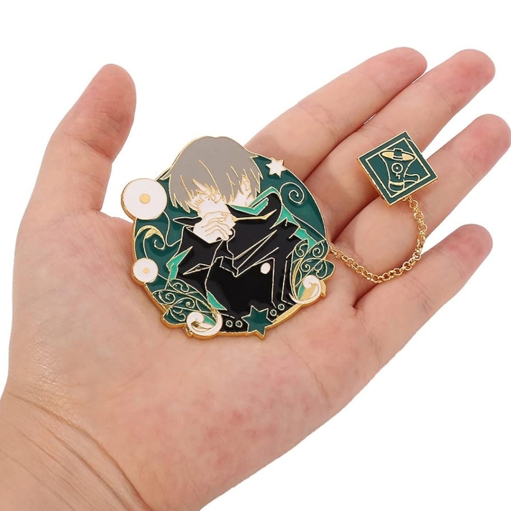 Anime Character Enamel Pin Brooch with Chain - Teal & Gold Jiu-Jitsu Kaizen